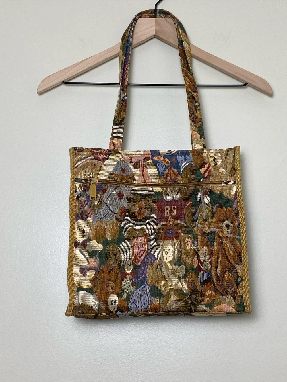 Vintage 90s Tapestry Teddy Bear Tote Bag Grandmacore Cottage Woven Purse